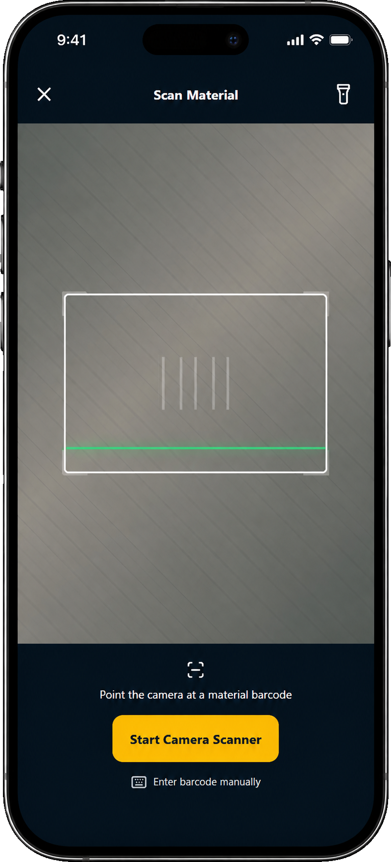 WireLedger scanning a material barcode