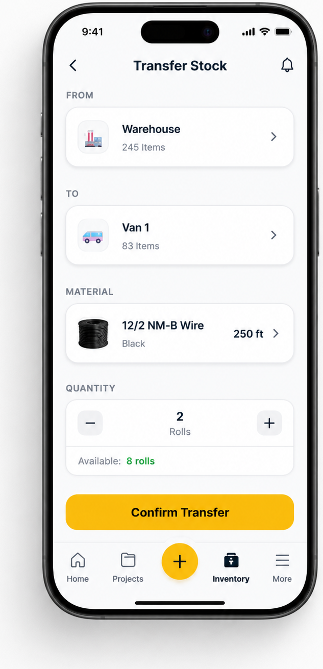 WireLedger transfer stock screen
