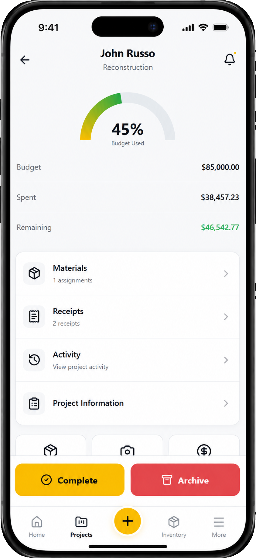 WireLedger project budget screen