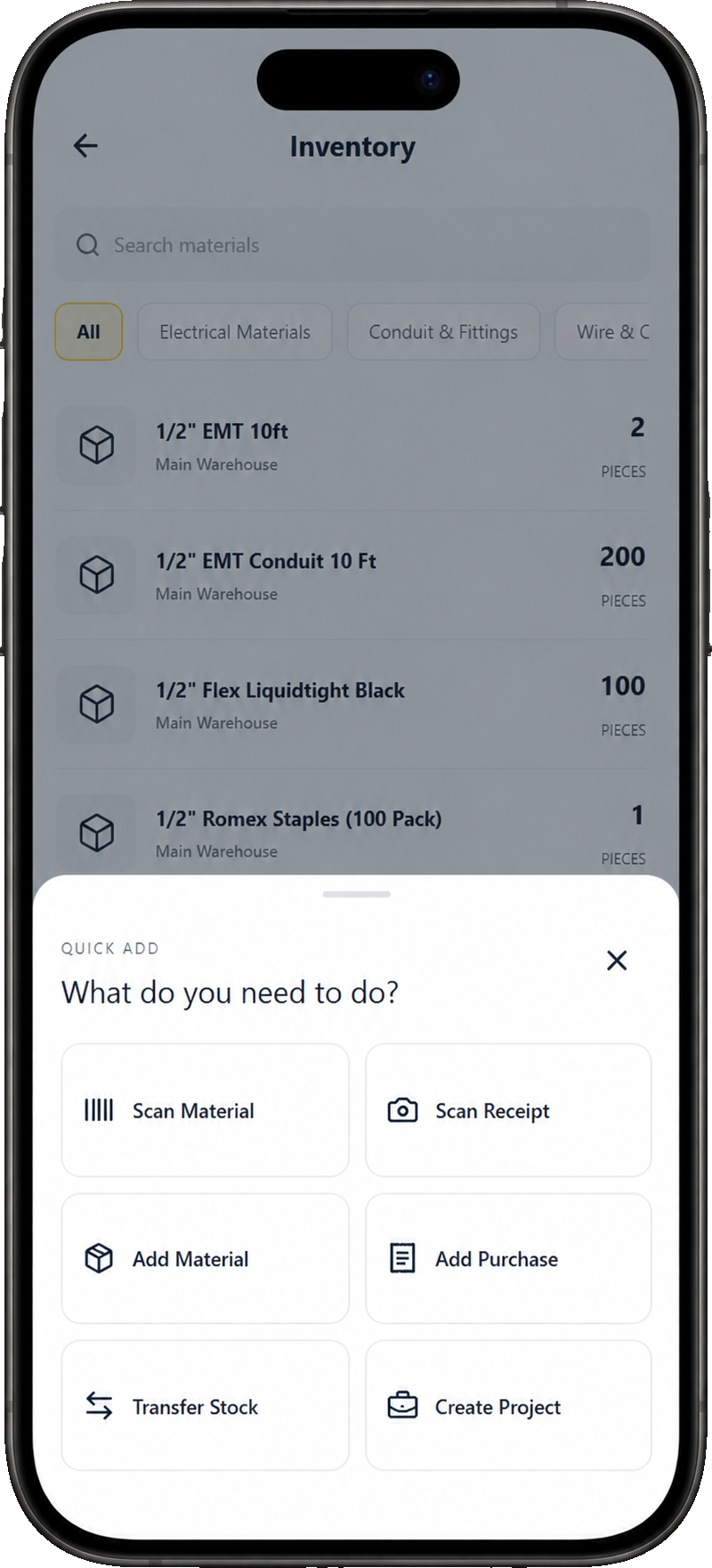 WireLedger quick add menu with transfer stock
