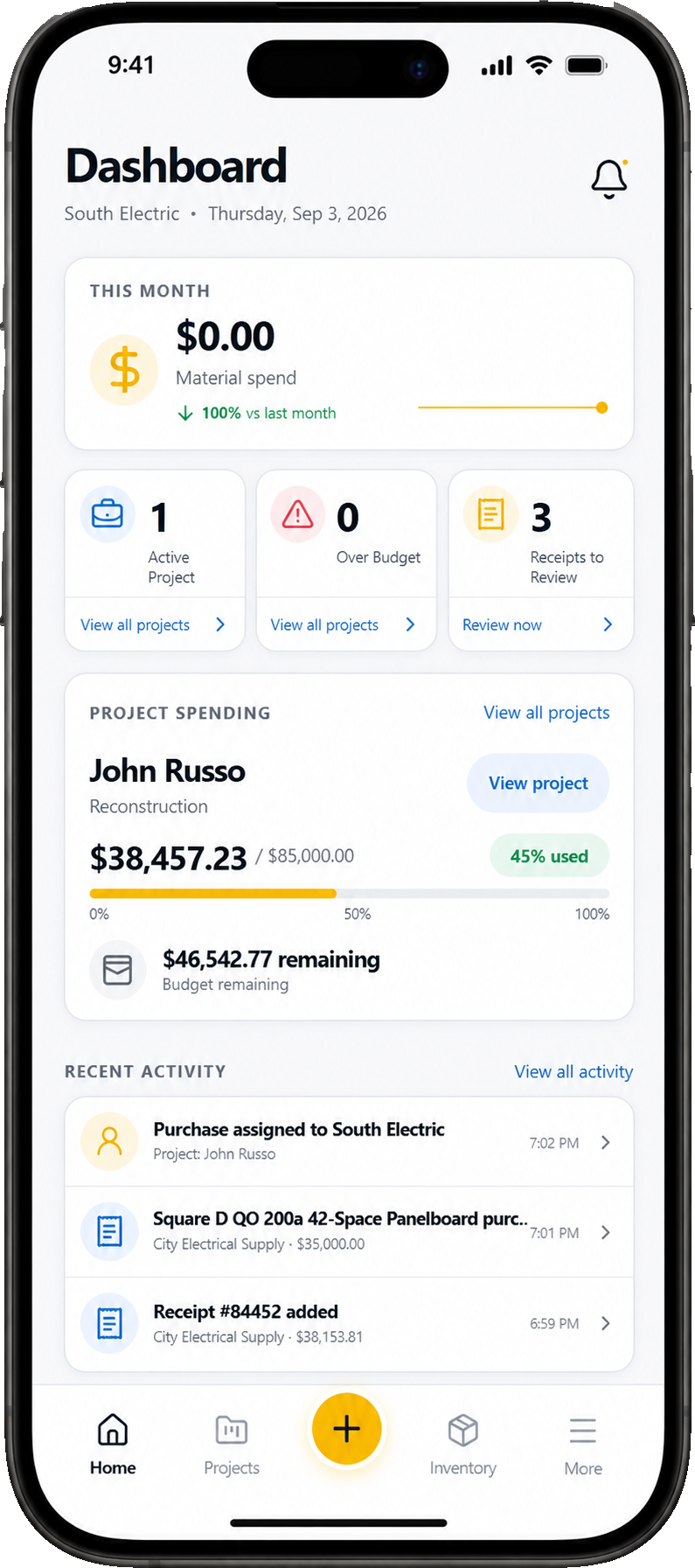 WireLedger dashboard showing a project budget and quick actions